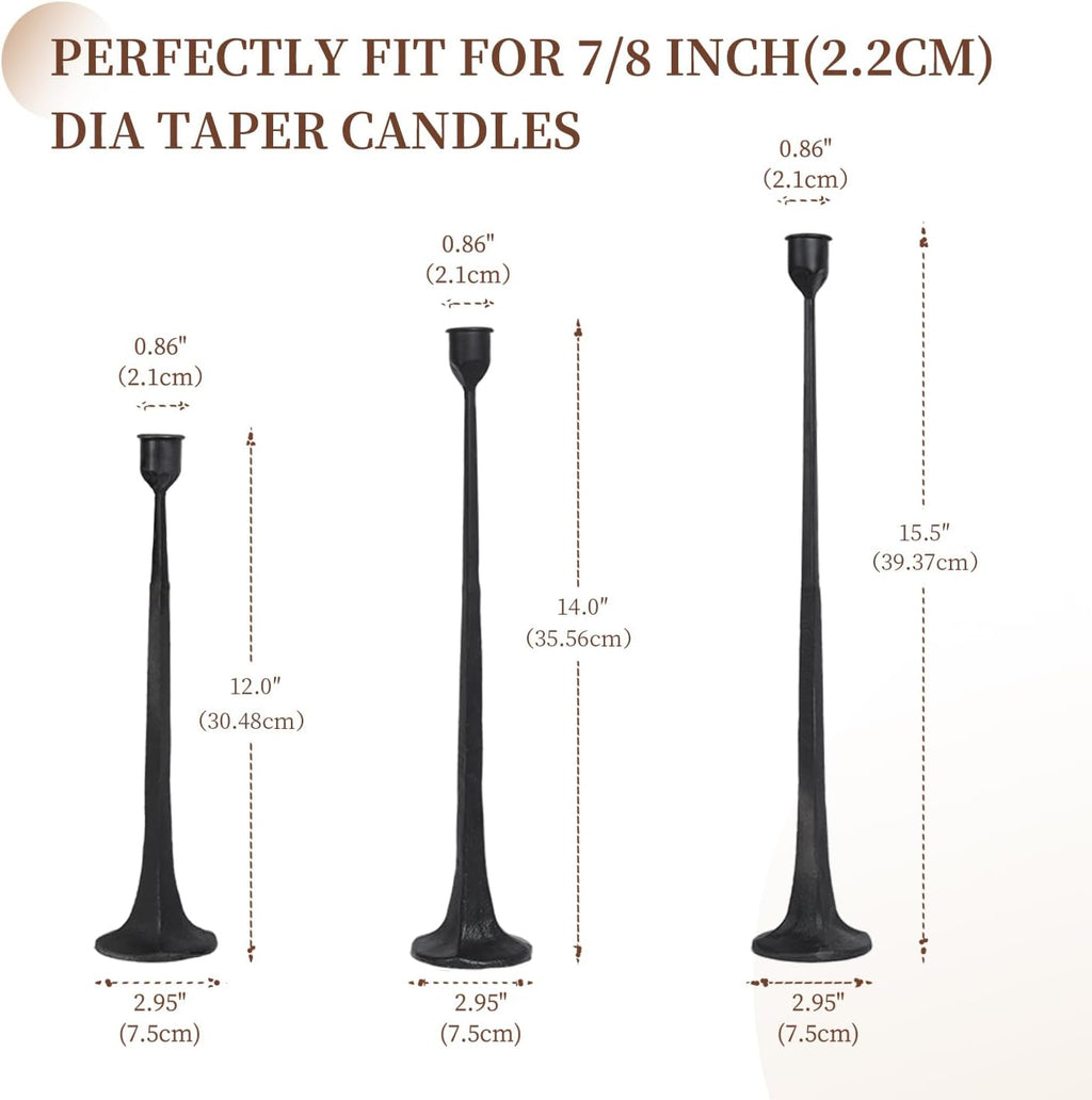 Set of 3 Candle Stick Holders,Iron Black Candlestick Holders, Fits 3/4 inch Thick Candles, Tapered Candle Holders Tall Set for Dining Table, Wedding, Home Decoration
