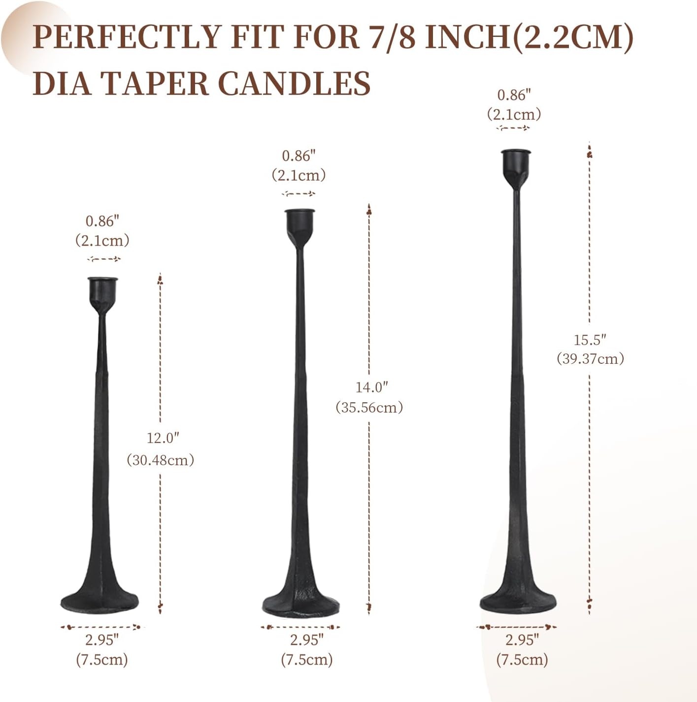Set of 3 Candle Stick Holders,Iron Black Candlestick Holders, Fits 3/4 inch Thick Candles, Tapered Candle Holders Tall Set for Dining Table, Wedding, Home Decoration