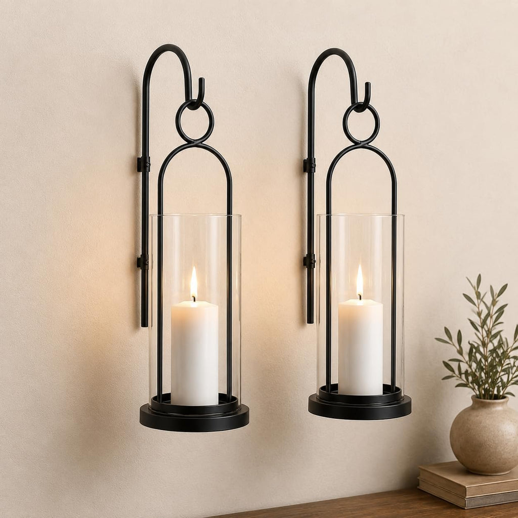 Black Wall Sconces Set of 2, Wall Candle Holder with Hurricane Glass | For Pillar Candles, Farmhouse Wall Decor, Modern Metal, For Living Room, Fireplace, Entryway