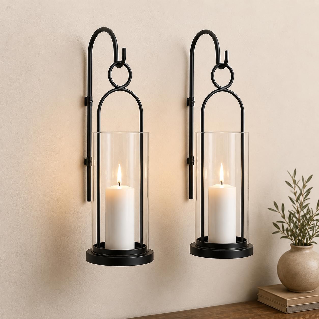 Black Wall Sconces Set of 2, Wall Candle Holder with Hurricane Glass | For Pillar Candles, Farmhouse Wall Decor, Modern Metal, For Living Room, Fireplace, Entryway