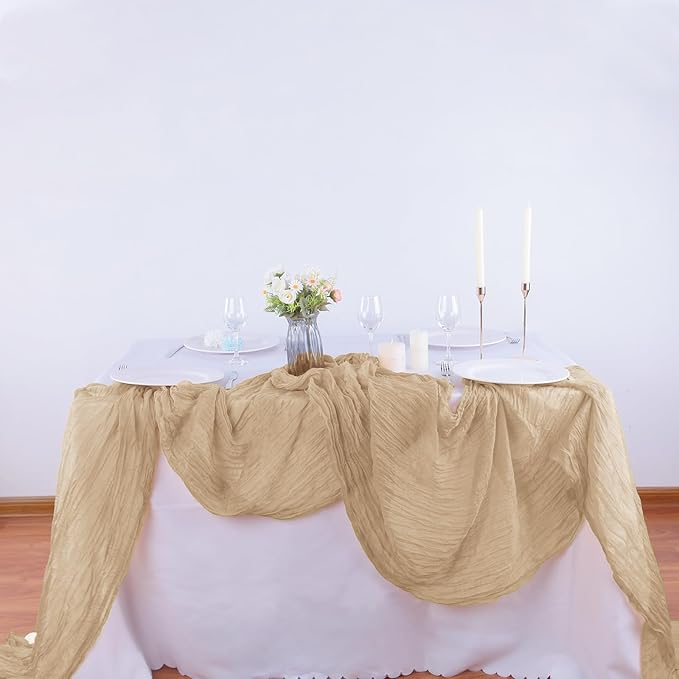 4 Pack Beige Cheesecloth Table Runner 35x120 Inch Boho Gauze Fabric Cheese Cloth Table Runner 10Ft Rustic Romantic Sheer Table Runners for Wedding Party Bridal Baby Shower Long Table Decoration