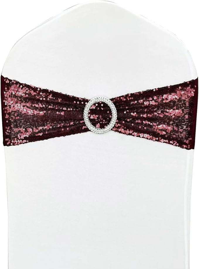 10 Pcs Sequin Chair Sashes Stretch Chair Bands Spandex Polyester Bows for Party Hotel Wedding Banquets Decoration - Burgundy
