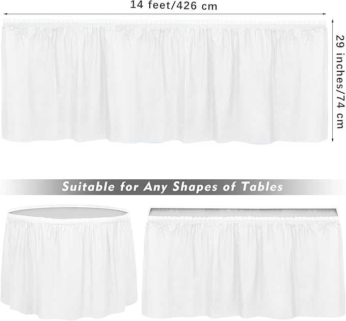 TURSTIN 6 Pieces White Plastic Table Skirts 14 Feet x 29 Inch for Rectangle Tables Fitted Tablecloth Disposable Table Cover for Birthday Party, Events, Banquette Baby Shower