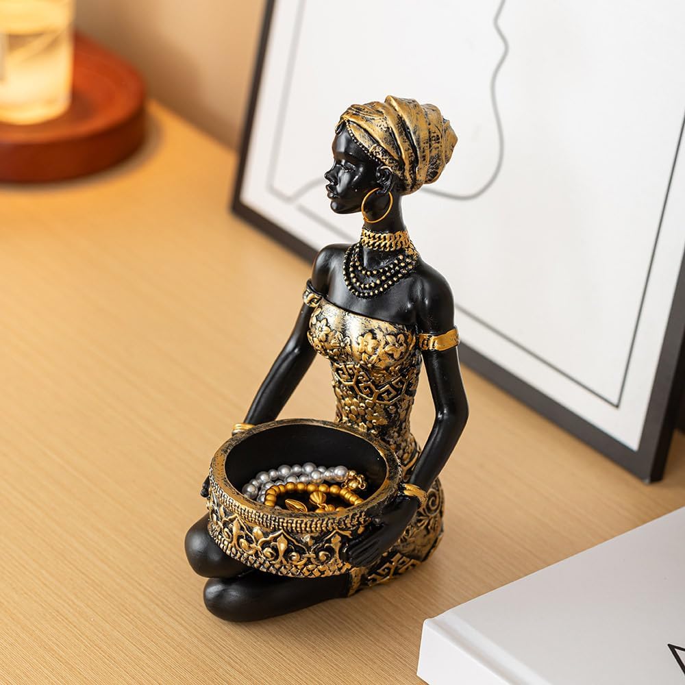 African Tribal Woman Statue Resin Figurine Candlestick Art Sculpture Home Decor Exotic Decor for Living Room Office Storage (A)