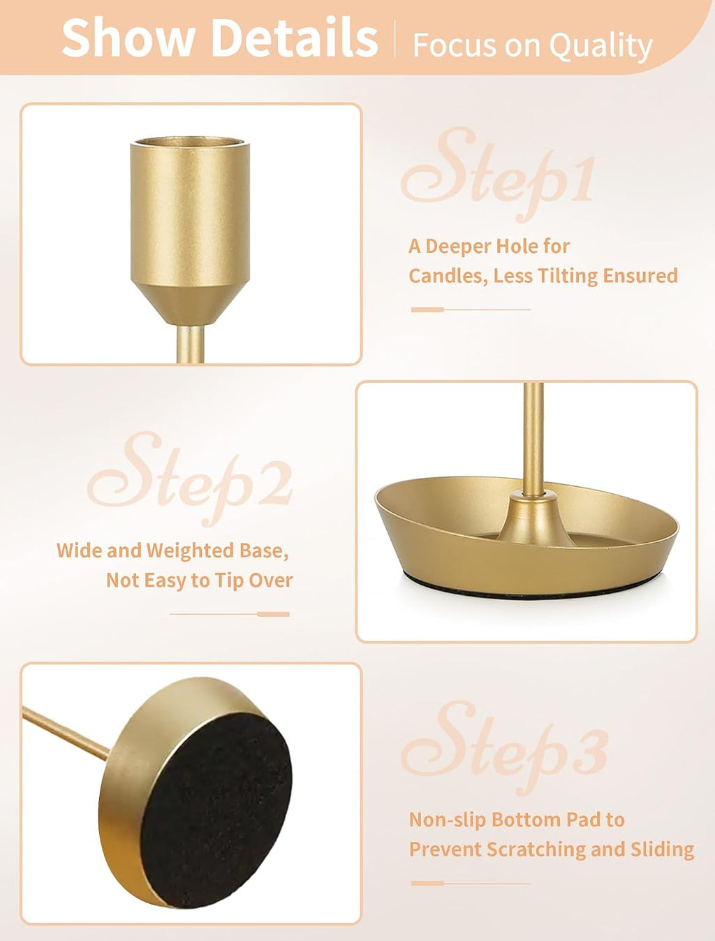 NUPTIO Taper Candle Holders for Centerpiece: Gold Candlestick Holders Bulk | 30 Pcs Tall Candleholders for Birthday Party, Brass Matte Candles Stick Decor Bulk Wax-catching Base for Table Fireplace