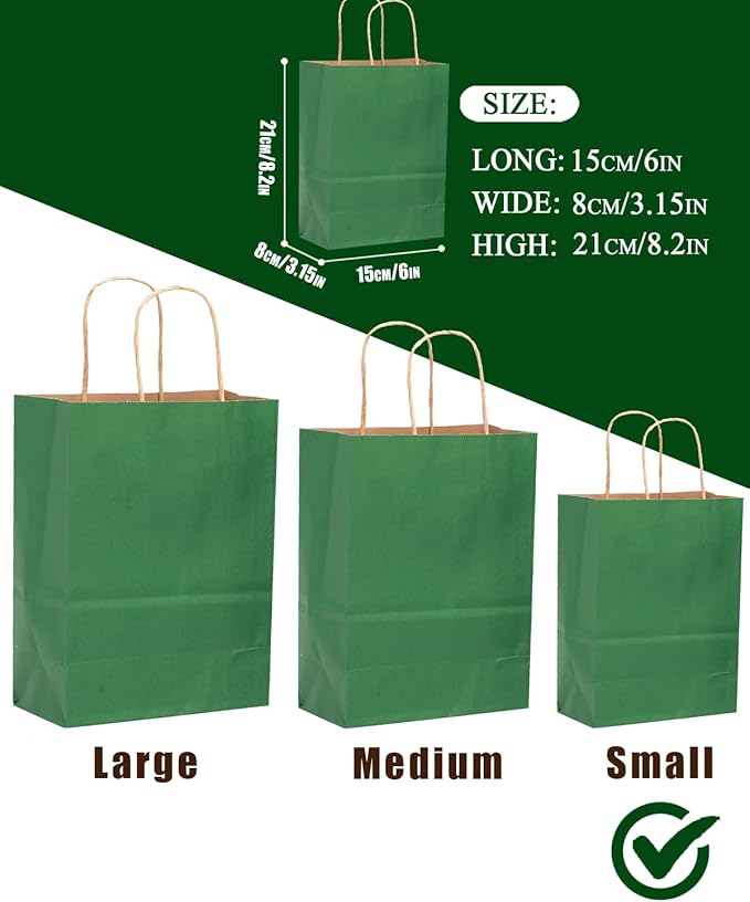 qiqee 50-Packs Gift Bag with Handles Bulk Kraft Deep Green Paper Bags Multiple Uses (8.3"x3"x6"inch Small Size)