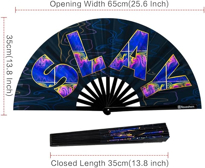 UV Glow Rave Fan, Bamboo Folding Clack Hand Fans Foldable for Men Women, Boots on the Ground Poping Fan for EDM Festival Line Dance Decoration, (Slay, Large 13")