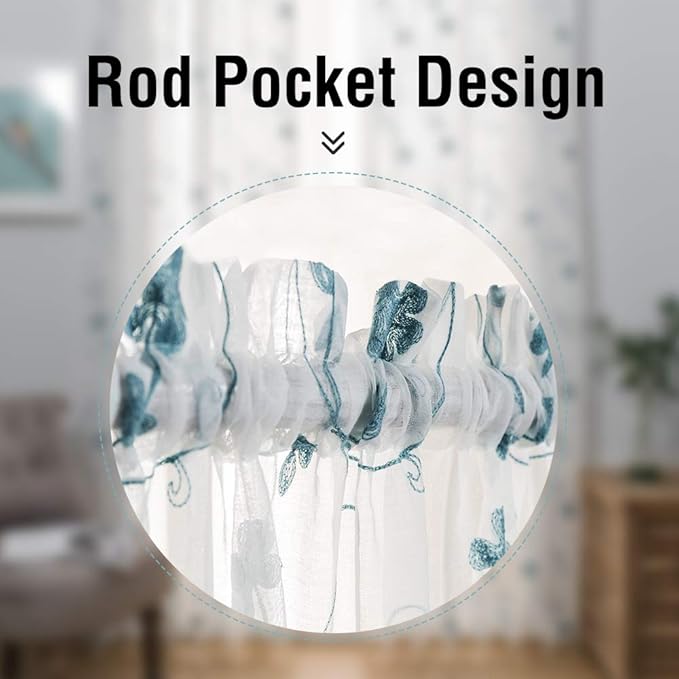 Sheer Curtains Blue 45 Inch Embroidered Floral, Rod Pocket Voile Drapes for Living room, Bedroom, Window Treatments Semi Crinkle Curtain Panels for Yard, Patio, Villa, Parlor, Set of 2, 52"x 45".