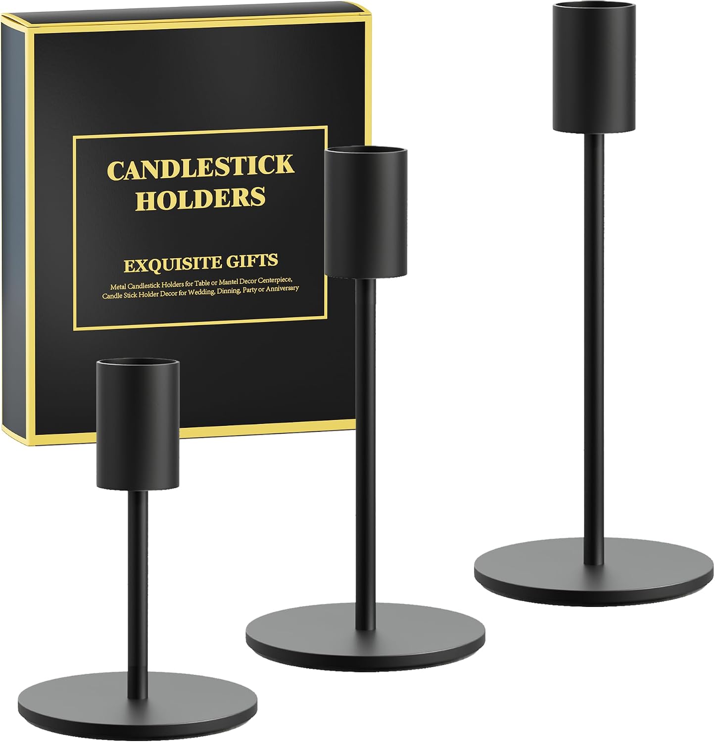 FSyueyun 3 Pcs Black Candle Holders, Elegant Taper Candle Holders, Metal Candlestick Holders for Festive Table Decor, Mantel Centerpiece, Modern Candle Stand for Wedding, Housewarming Gift