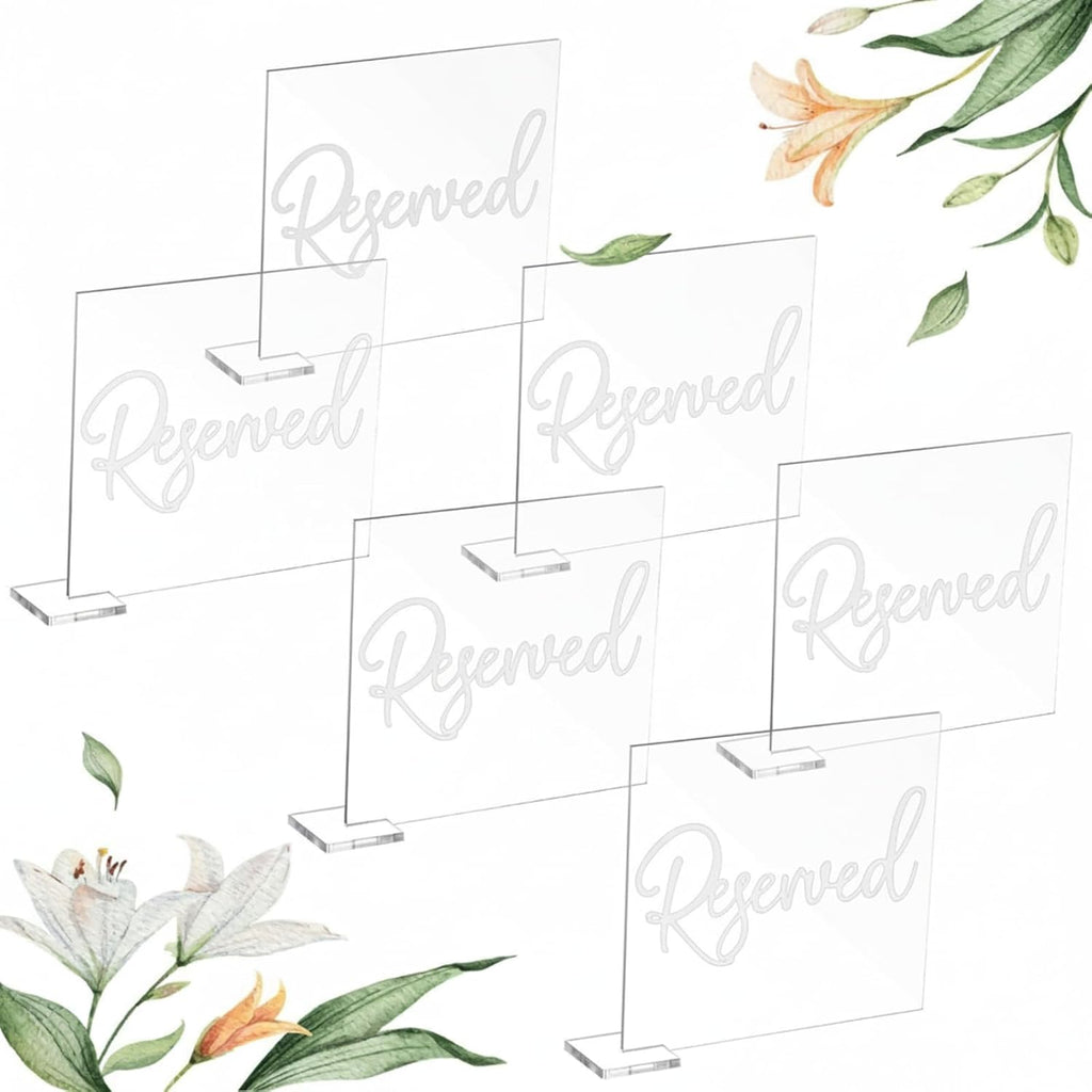 Bucherry 6 Pcs White Reserved Table Signs 3.9 x 3.5" for Wedding Clear Acrylic Reserved Seating Signs Stands with Cursive Letters for Table Wedding Reception Party Meeting Restaurant Ceremony