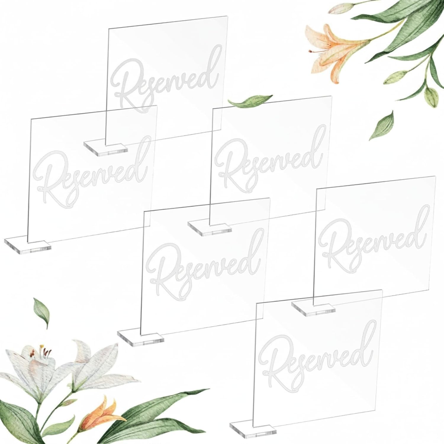 Bucherry 6 Pcs White Reserved Table Signs 3.9 x 3.5" for Wedding Clear Acrylic Reserved Seating Signs Stands with Cursive Letters for Table Wedding Reception Party Meeting Restaurant Ceremony