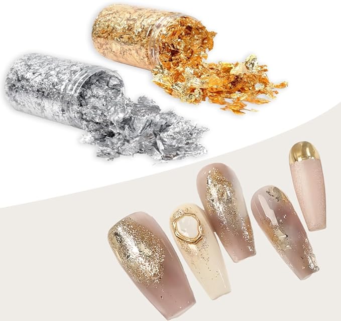 Gold Flakes for Resin, 2 Bottles 10g Imitation Golden Foil Gilding Flake Metallic Leaf for Cake Decoration Chocolate Making Nails Painting Art Crafts with Bamboo Tweezers (Gold, Silver Colors)