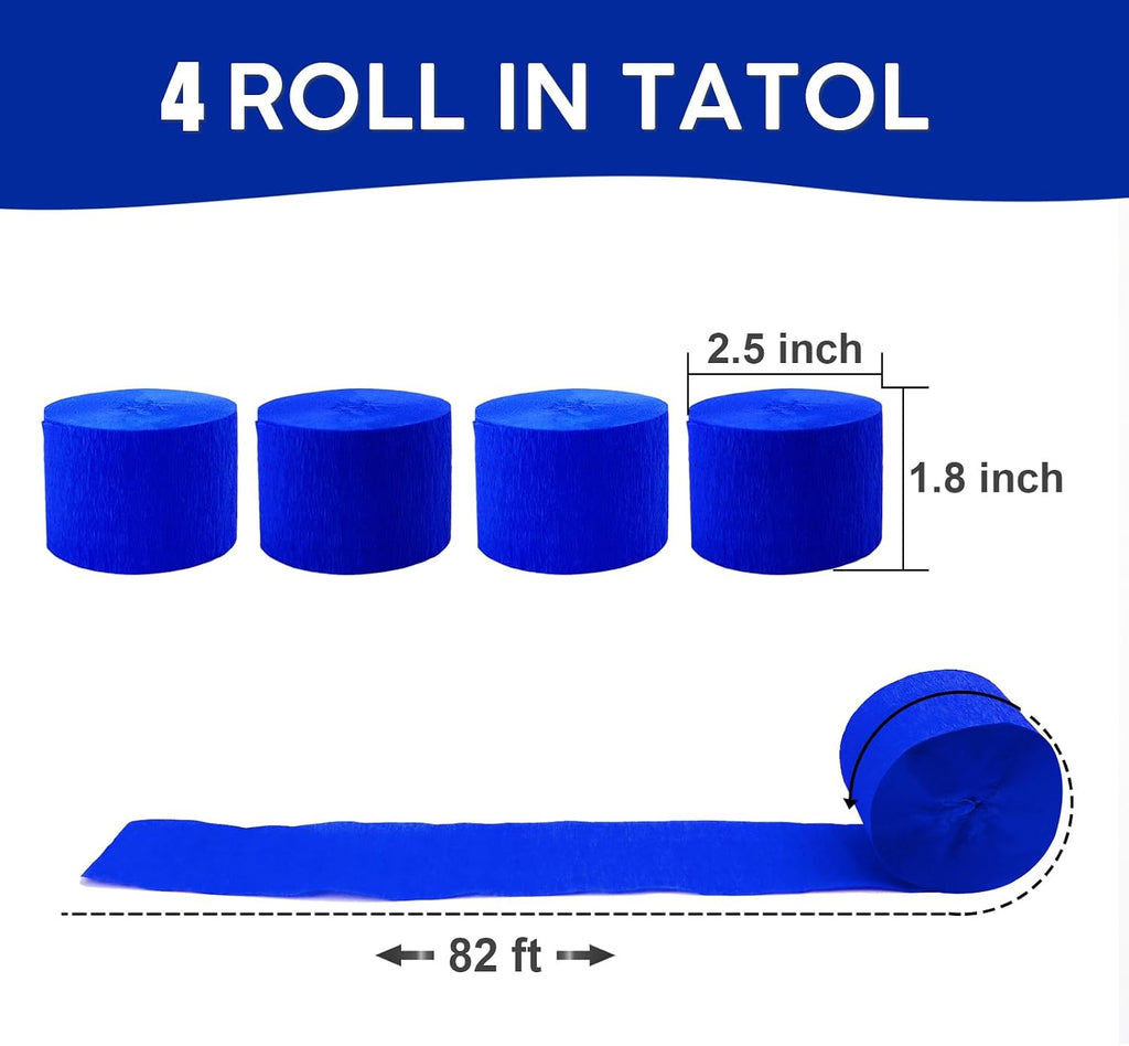 4 Rolls Crepe Paper Royal Blue Streamers – Perfect for Streamers Party Decorations, Wedding, Birthday, Graduation Party, Independence Day, Colored Decor, and DIY Craft Supplies(1.8 Inch x 82 Ft/Roll)
