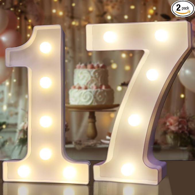 Pooqla Decorative LED Light Up Number Letters, White Plastic Marquee Number Lights Sign for Wedding Decor, Battery Operated (17)