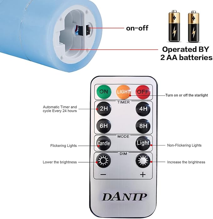 danip LED Flameless Candle with Embedded Star String, 5 Piece LED Candle with 10 Button Remote Control, 24 Hours Timer Function, Dancing Flame, Real Wax, Battery Powered. (Sky Blue)
