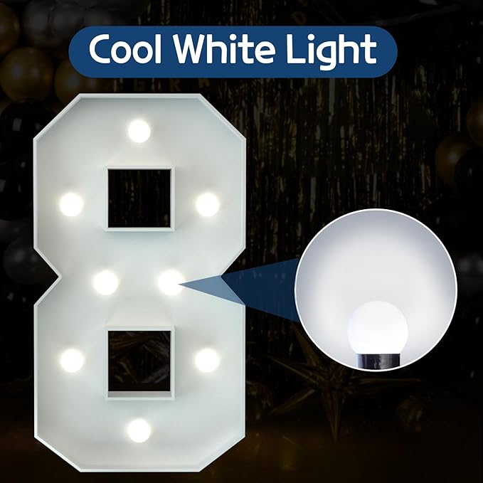 Marquee Numbers 3 Feet Tall Big Light Up Numbers 8th 18th 80th Happy Birthday Decorations Girl Boy White Anniversary Party Decor Large Cardboard Prop Backdrop Sign 8