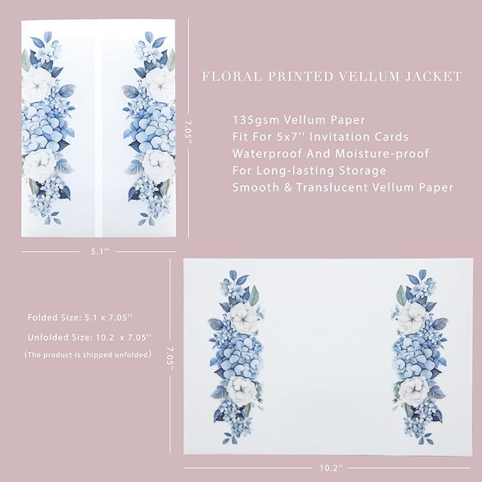 PONATIA 50PCS Vellum Jackets for 5x7 Invitation Cards- 135GSM Dusty Blue Flowers Sleeves, Vellum Paper 5x7 Jackets - Wedding Invitations Wraps - Transparent Card