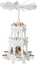 BRUBAKER Christmas Pyramid - 18 Inches - White - Wooden Nativity Play - 3 Tier Carousel with 6 Candle Holders - Designed in Germany