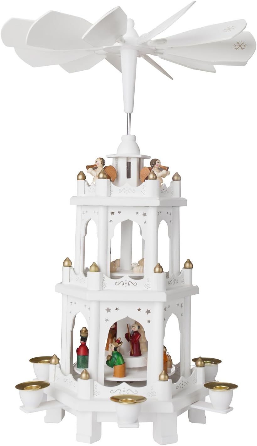 BRUBAKER Christmas Pyramid - 18 Inches - White - Wooden Nativity Play - 3 Tier Carousel with 6 Candle Holders - Designed in Germany