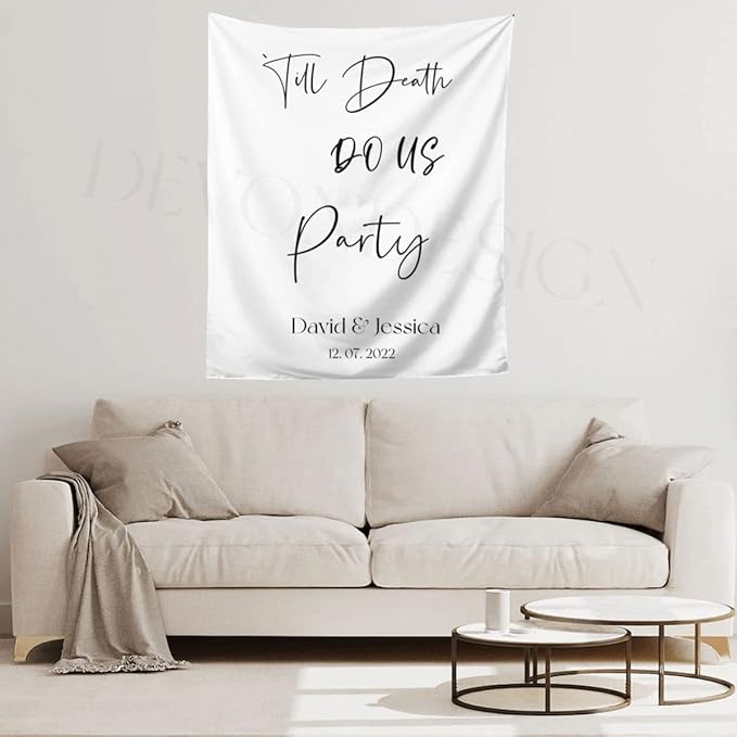 Till Death Do Us Party Backdrop - Custom Tapestry with Names and Date, Rustic Sign, Personalized Calligraphy Banner for Ceremony, Reception Backdrop, Wedding Arch