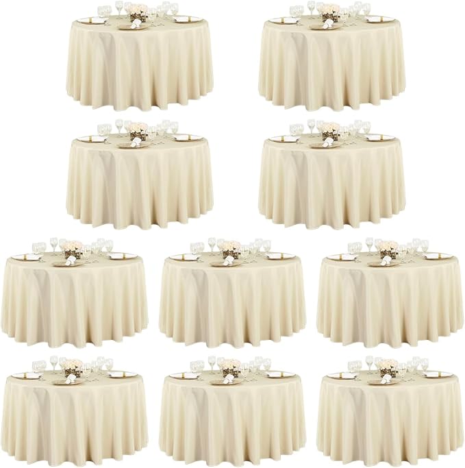 LTC LINENS 10 Pack 120 Inch Round Tablecloth Beige for 60 Inch Round Table - Bulk Round Table Cover - Washable, Wrinkle Resistant Polyester Fabric Cloth for Wedding, Party