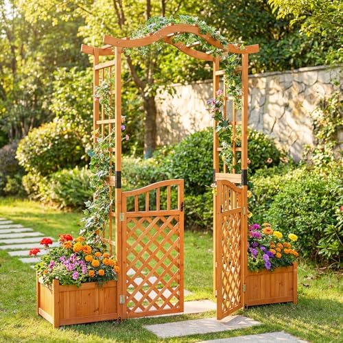 happygrill 83" garden arbor with gate & 2 shown in use