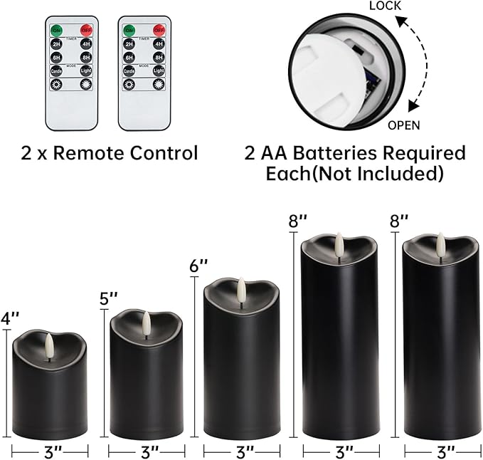 Amagic Black Halloween Flameless Candles with Remote, Waterproof Outdoor Candles Battery Operated with Timer, Plastic Flickering LED Pillar Candle for Holiday, Theme Party, Pumpkin Decor, Set of 5