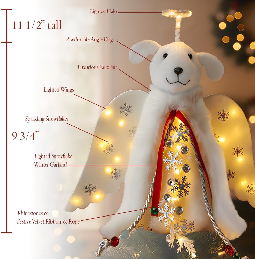 iHeartDogs Christmas Tree Topper Decoration - The Original Dog ‘Christmas Miracle’ Angel Dog Tree Topper LED Lighted Halo, Snowflake Garland & Wings Decor Ornament, Holiday Decoration