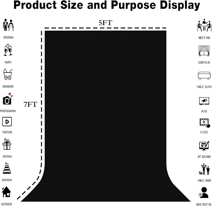 Black Screen Backdrops 5x7ft Solid Color Photo Backdrops for Photoshoot, Photography Background for Meeting Wall, Party, Videos