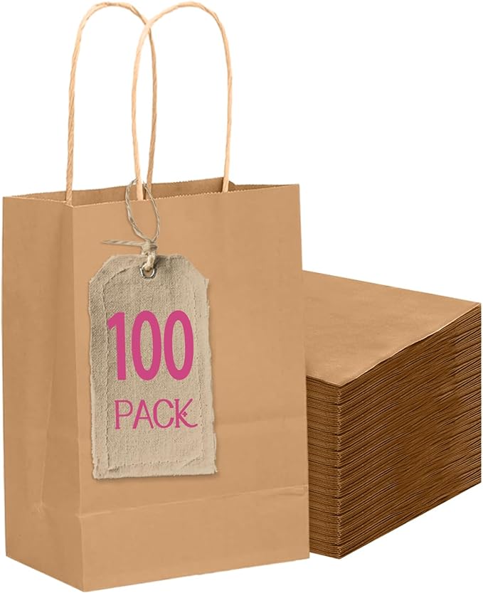 qiqee 100-Packs Brown Paper Gift Bags with Handles Bulk 4.5"×2.5"×6" Mini Size Gift Bags Multiple Uses