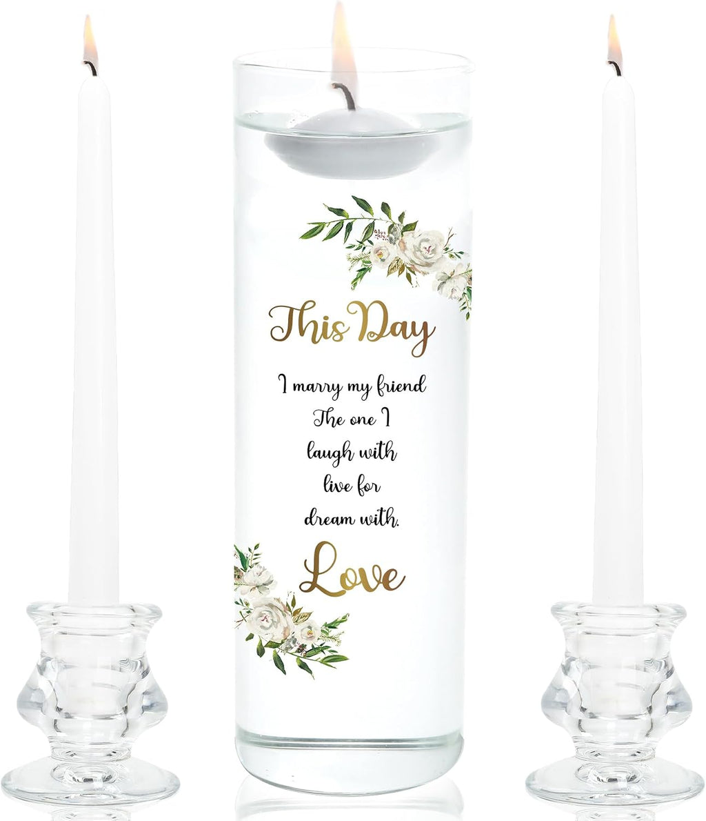 Unity Candles with Glass Holder for Wedding Ceremony - Unity Candles for Wedding, Religious Ceremony Ideas Marriage Decoration Accessories Set for Newly Couple Anniversary Church (Flower)