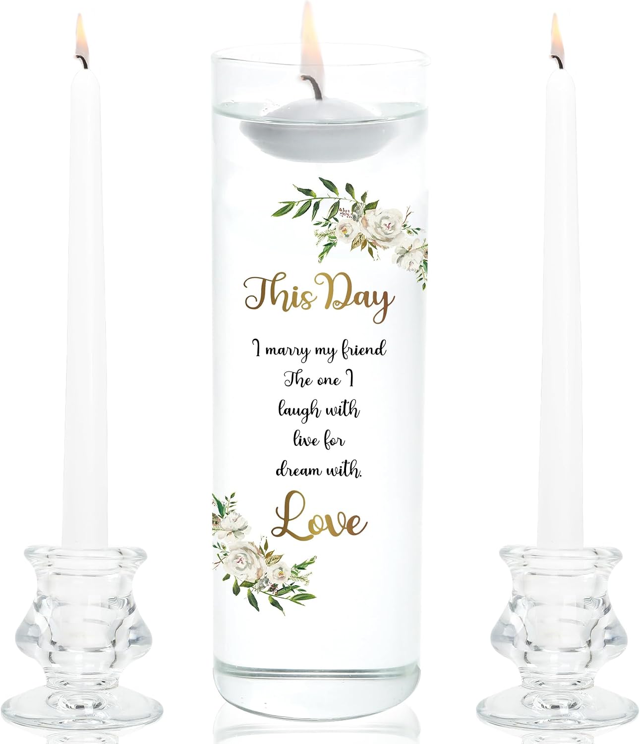 Unity Candles with Glass Holder for Wedding Ceremony - Unity Candles for Wedding, Religious Ceremony Ideas Marriage Decoration Accessories Set for Newly Couple Anniversary Church (Flower)