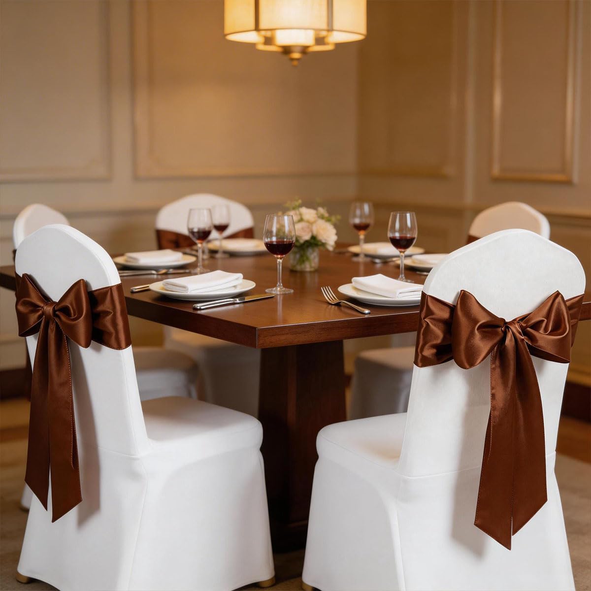 Brown Chair Sashes 50 Pack, Chocolate Satin Chairs Bows Ribbons for Party Wedding, Universal Ties Knots for Folding Chairs Decor