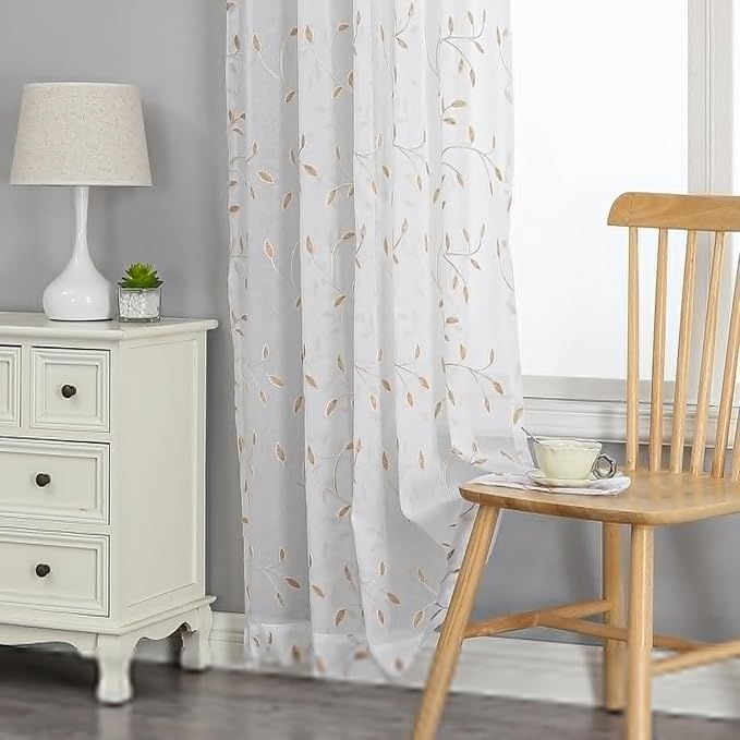 VISIONTEX White Sheer Voile Curtains, Decorative Orange Leaves Embroidery Faux Linen Rod Pocket Window Drapes for Home Kitchen, Living Room and Bedroom 54 x 108 Inch, Set of 2 Curtain Panels