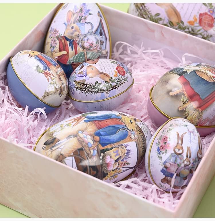 4.3" Medium Easter Egg Tin - Retro Rabbit & Carrot Metal Storage Box, Traditional Garden Style Egg Shaped Keepsake for Candies & Jewelry