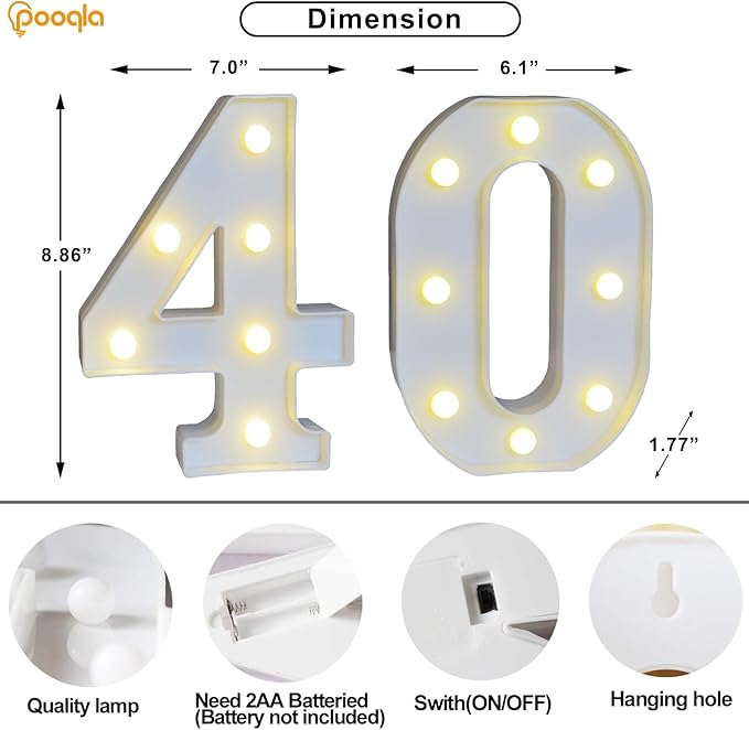 Pooqla 40th Birthday Decorations for Her Him, 35 Colors LED Light Up Numbers with Remote, Multicolor Marquee Numbers 40 Sign for Party Wedding Anniversary Decor 40th Birthday Gift, Number 40