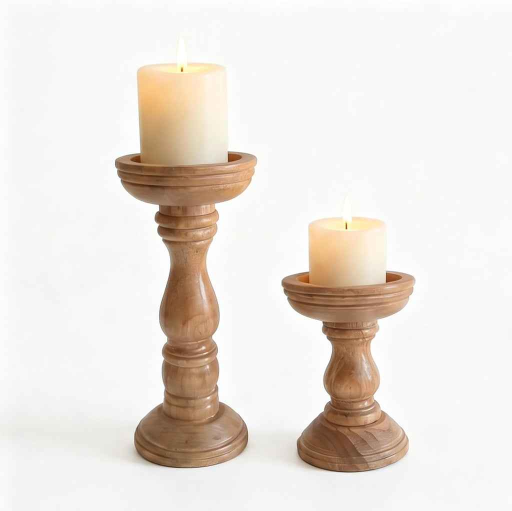 Farmhouse Wood Candle Holders for Pillar Candles Set of 2, Rustic Wooden Candlestick Holders Tall Candle Stand Decor, Solid Wood Table Centerpiece for Living Room Mantel, Brown