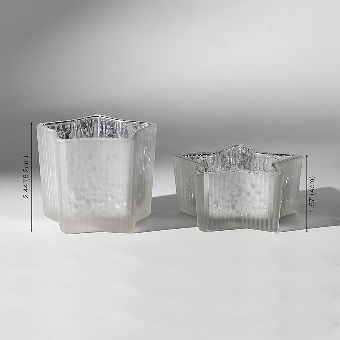 Letine 10pcs Frosted Silver Ribbed Star Candle Cups - Assorted Height Tea Light Candle Holders, Mercury Glass Votives for Wedding, Fall Table Centerpiece& Holiday Decorations (Tall 2.44", Short 1.57")