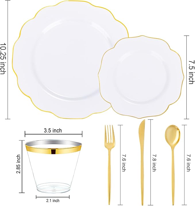 bUCLA 180PCS White and Gold Plastic Plates Disposable - White with Gold Rim Dinnerware Set Include 30 Guests Dinner & Dessert Plates, Cups, Cutlery Set for Wedding, Party & Thanksgiving Table Decor