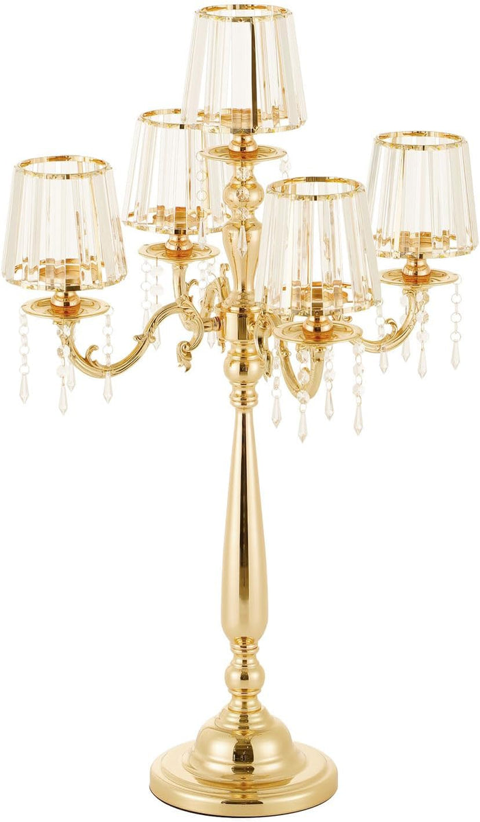 5 Arms Crystal Gold Candelabra Centerpiece | 33 Inch Tall Candle Holder with Glass Shade,Table Decor for Wedding Anniversary Dinner Party Home Gift