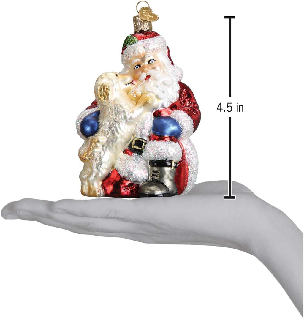 Old World Christmas Santa's Puppy Love Glass Blown Ornament for Christmas Tree, Handcrafted Holiday Decoration, Santa Collection