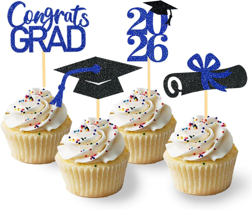 24Pcs Graduation Cupcake Toppers, Black and Blue Graduation Decorations Class of 2026 Cupcake Toppers (Black Blue)