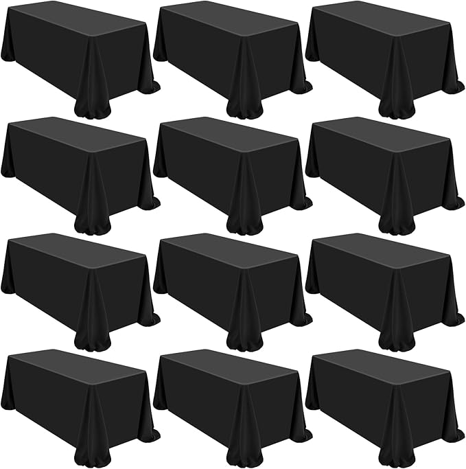 12 Pack Polyester Tablecloth 90 x 156 Inch Black Tablecloth for 8 Ft Rectangle Tables,Washable Fabric Table Covers Polyester Table Clothes for Wedding Parties Banque