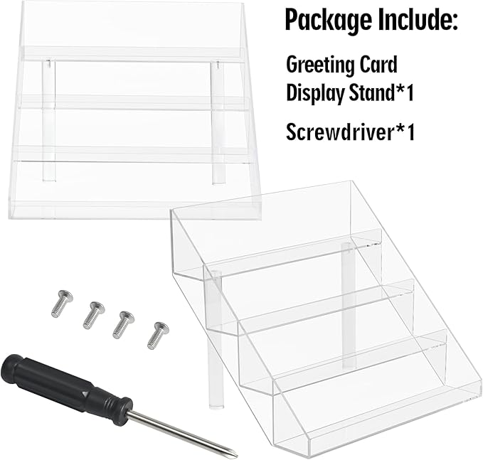 PecMuikee Greeting Card Display, 4 Tiers Clear Acrylic Sticker Display Stand for Vendors Retail, Display Photo Stand for Counter Tabletop Display Supplies, 1 Set
