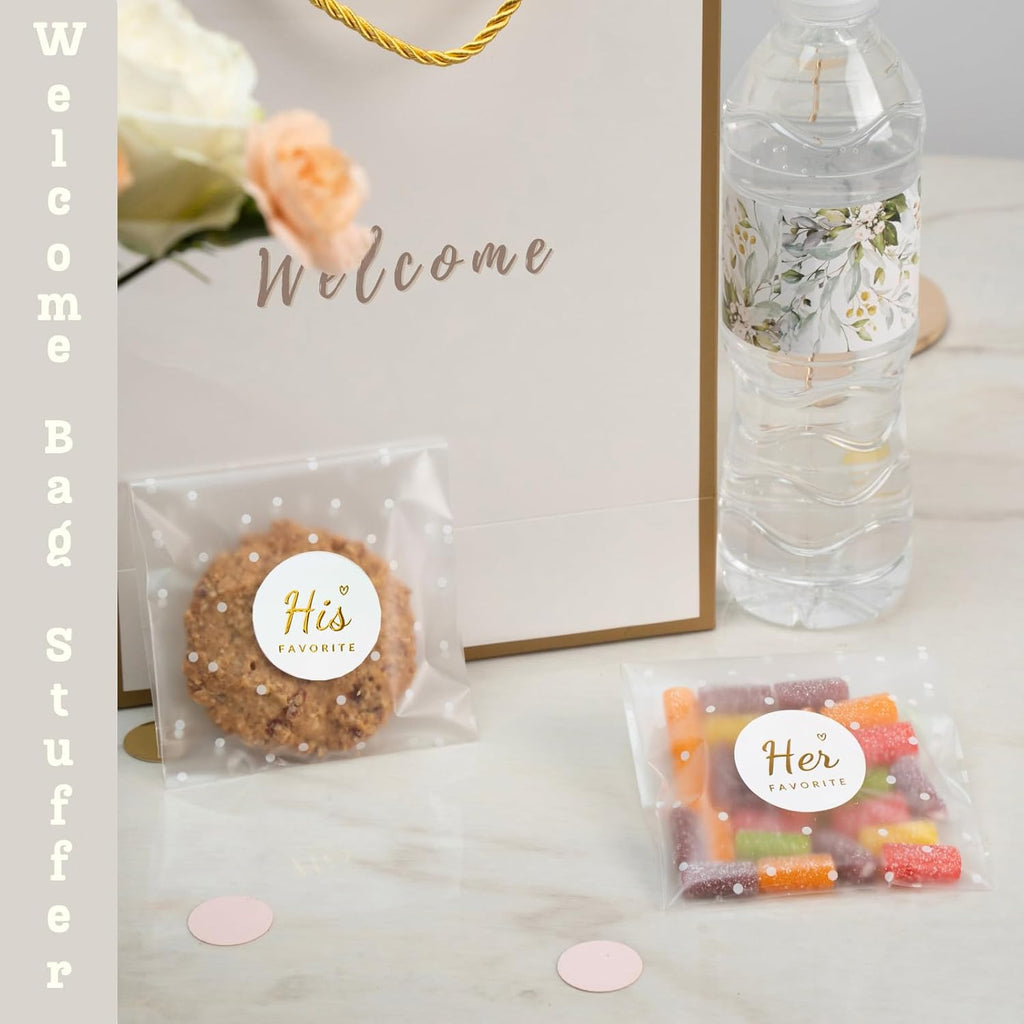 JollyFayre His Favorite Her Favorite Stickers (50 + 50) with 100 Polka Dot Gift Bags – Perfect Wedding Party Favors, Welcome Bag Stuffers