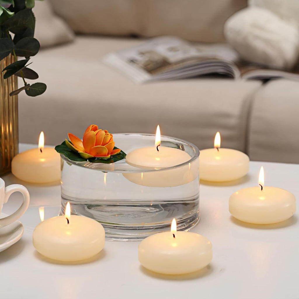 qinxiang 36 Pack Floating Candles, 3” Ivory Unscented Dripless Wax Burning Candles, for Cylinder Vases, Weddings, Party and Holiday …