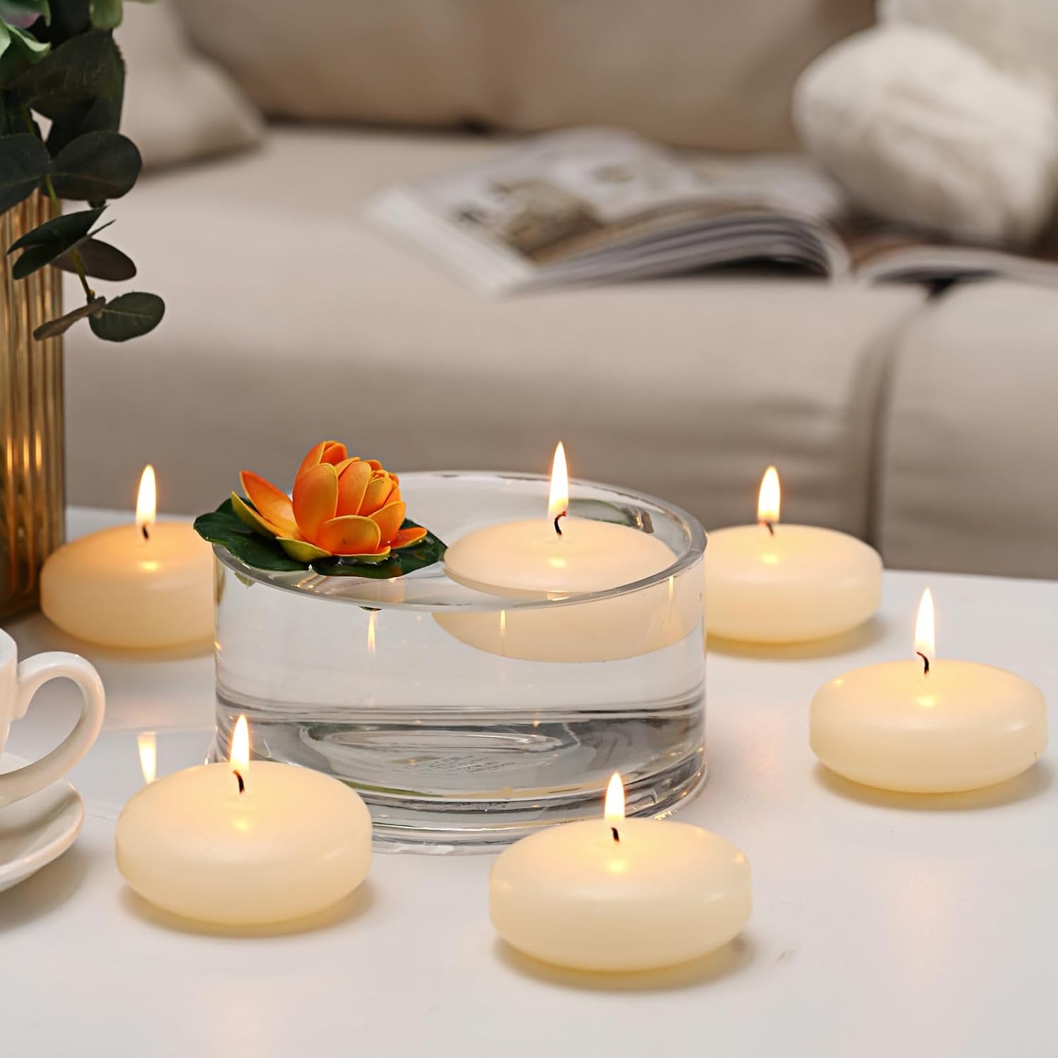 qinxiang 12 Pack Floating Candles, 3” Ivory Unscented Dripless Wax Burning Candles, for Cylinder Vases, Weddings, Party and Holiday