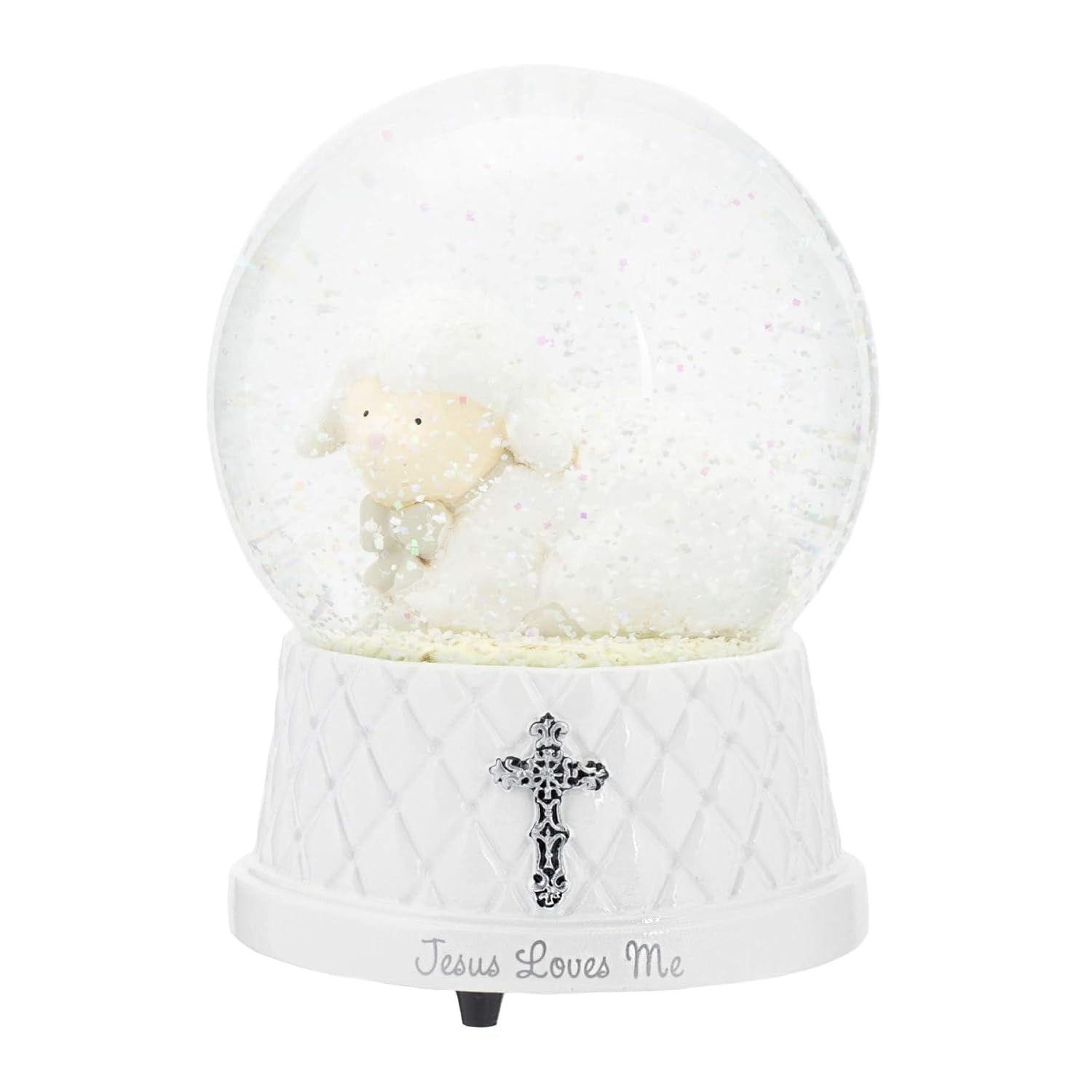DEMDACO Jesus Loves Me Musical Water Globe - Lamb Snow Globe - Baby Blessing Keepsake - Small Silver Cross - Religious Gift for Kids - Resin & Stone - Great for Blessings & Celebrations