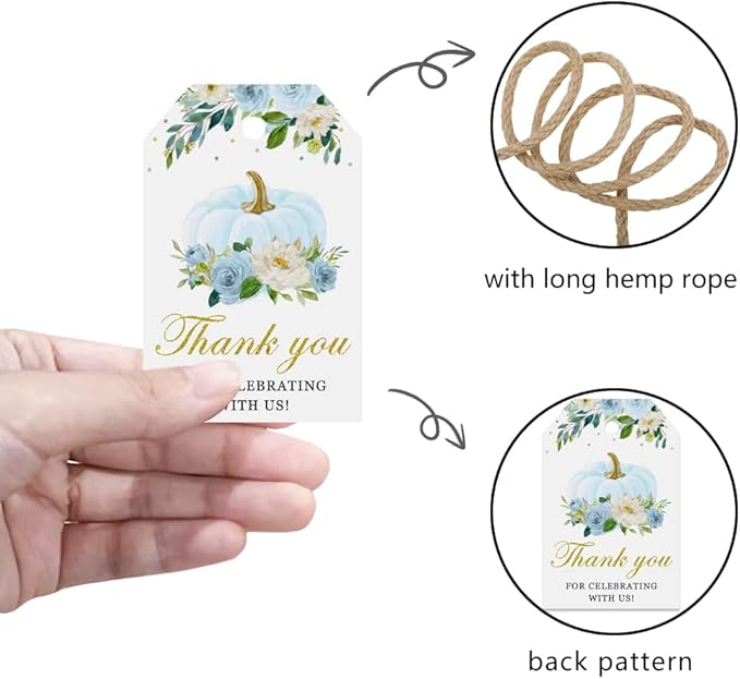 50 Pcs Pumpkin Gift Tags, Fall Theme Gift Tags with String, Thank You for Celebrating with Us Tags for Wedding Thanksgiving Birthday Baby Shower Party Favors (Color Blue)