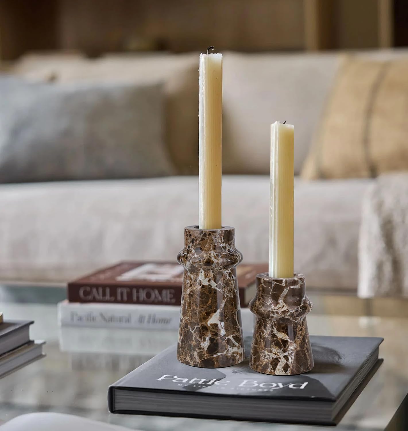 Vixdonos Marble Candle Holder Set of 2 Taper Candle Candlestick Mantle Candle Stand for Home Decor,Wedding,Party and Table Centerpieces(Brown)